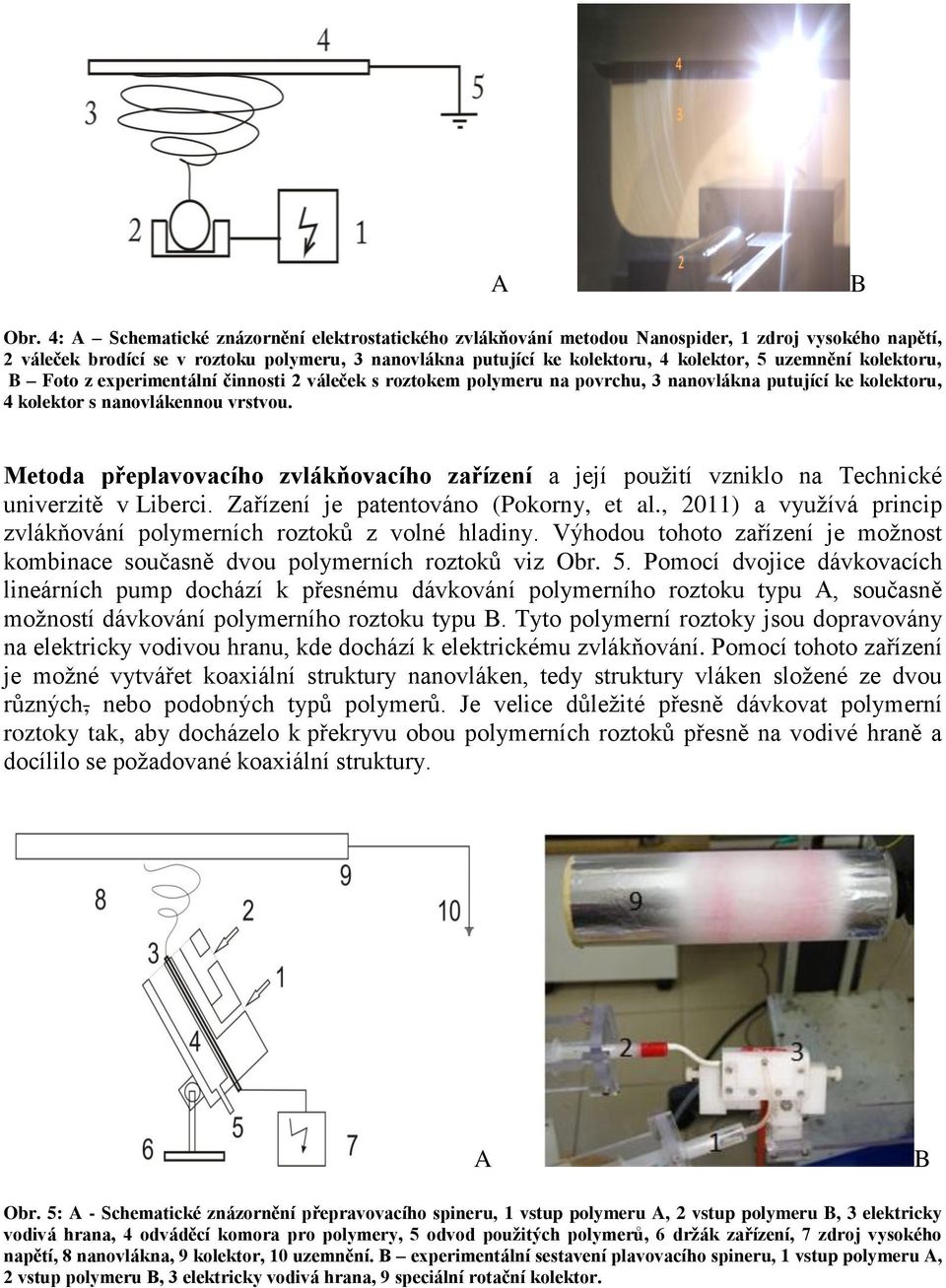 uzemnění kolektoru, Foto z experimentální činnosti 2 váleček s roztokem polymeru na povrchu, 3 nanovlákna putující ke kolektoru, 4 kolektor s nanovlákennou vrstvou.