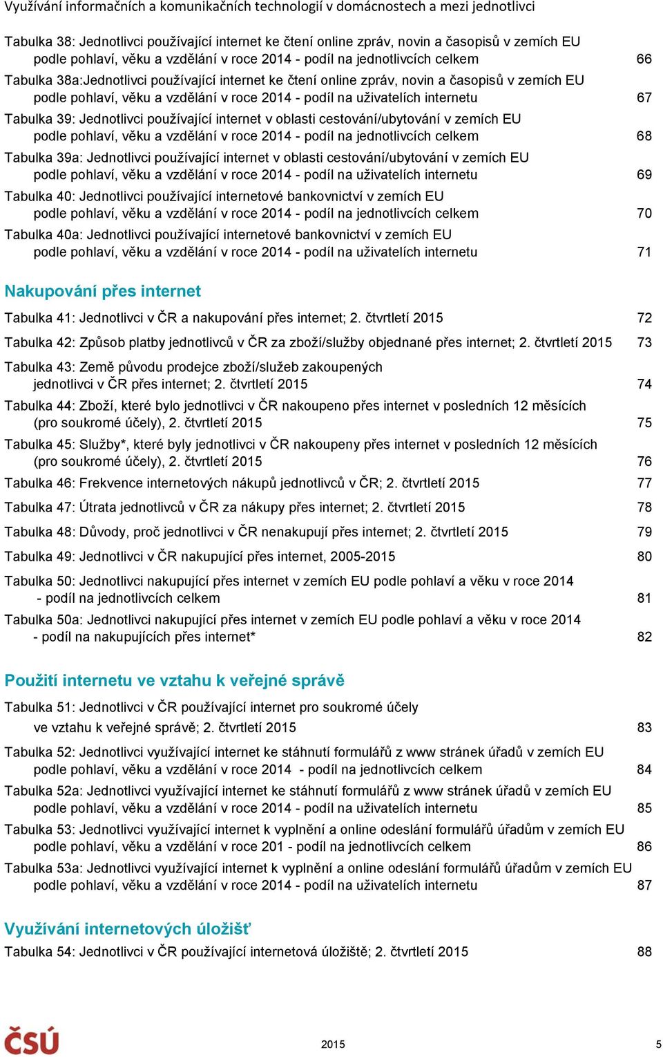 oblasti cestování/ubytování v zemích EU podle pohlaví, věku a vzdělání v roce 2014 - podíl na jednotlivcích celkem 68 Tabulka 39a: Jednotlivci používající internet v oblasti cestování/ubytování v