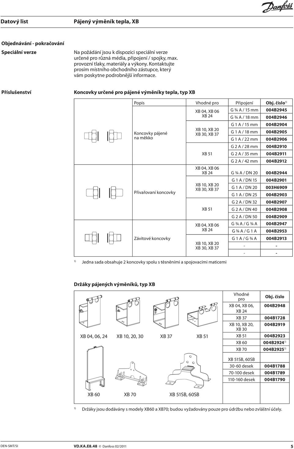 číslo Koncovky pájené n měkko Přivřovní koncovky Závitové koncovky XB 04, XB 06 XB 24 XB 10, XB 20 XB 30, XB 37 XB 51 G ¾ A / 15 mm G ¾ A / 18 mm G 1 A / 15 mm G 1 A / 18 mm G 1 A / 22 mm G 2 A / 28