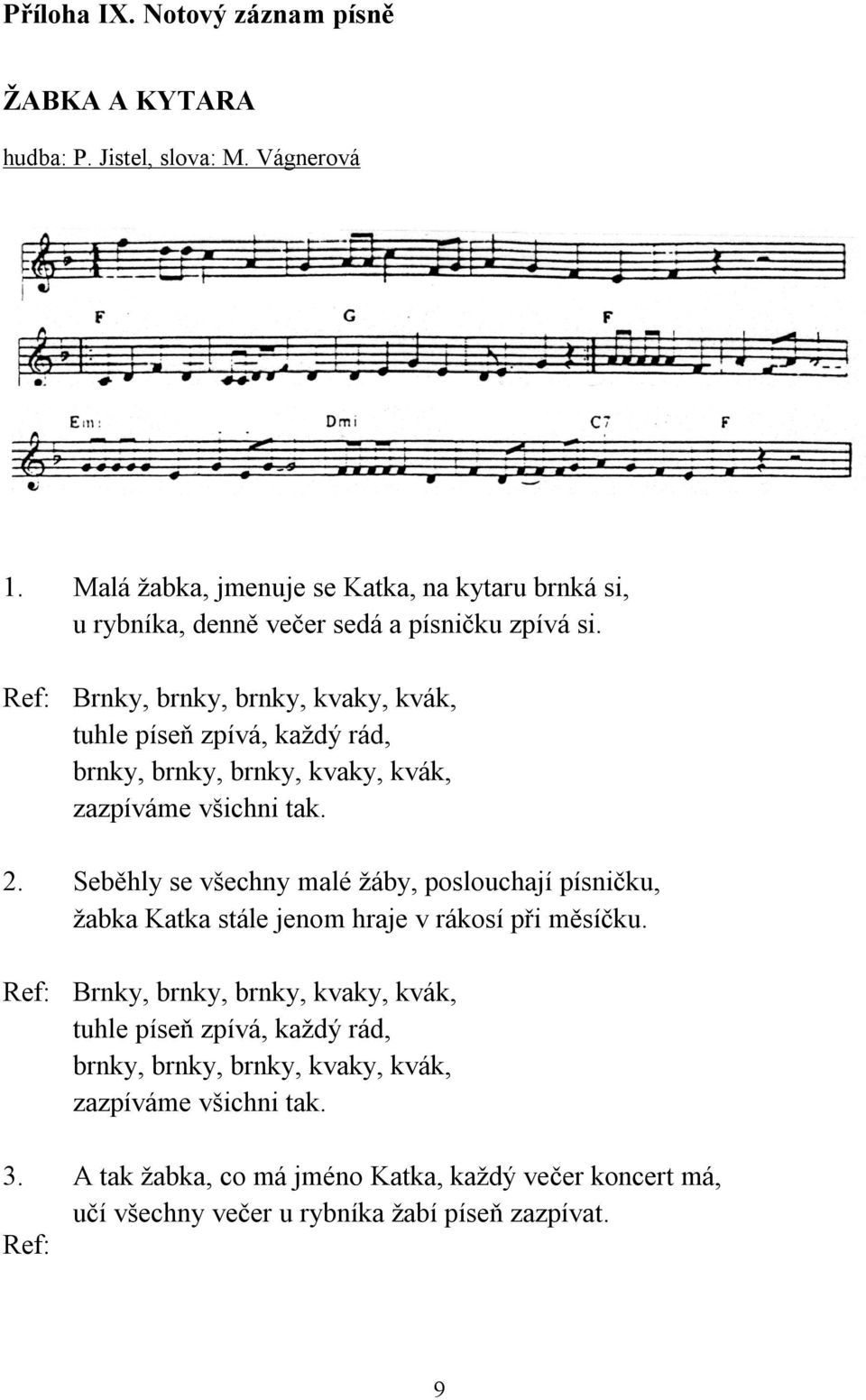 Ref: Brnky, brnky, brnky, kvaky, kvák, tuhle píseň zpívá, každý rád, brnky, brnky, brnky, kvaky, kvák, zazpíváme všichni tak. 2.
