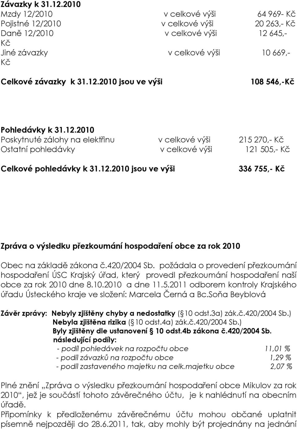 12.2010 Poskytnuté zálohy na elektřinu v celkové výši 215 270,- Kč Ostatní pohledávky v celkové výši 121 505,- Kč Celkové pohledávky k 31.12.2010 jsou ve výši 336 755,- Kč Zpráva o výsledku přezkoumání hospodaření obce za rok 2010 Obec na základě zákona č.