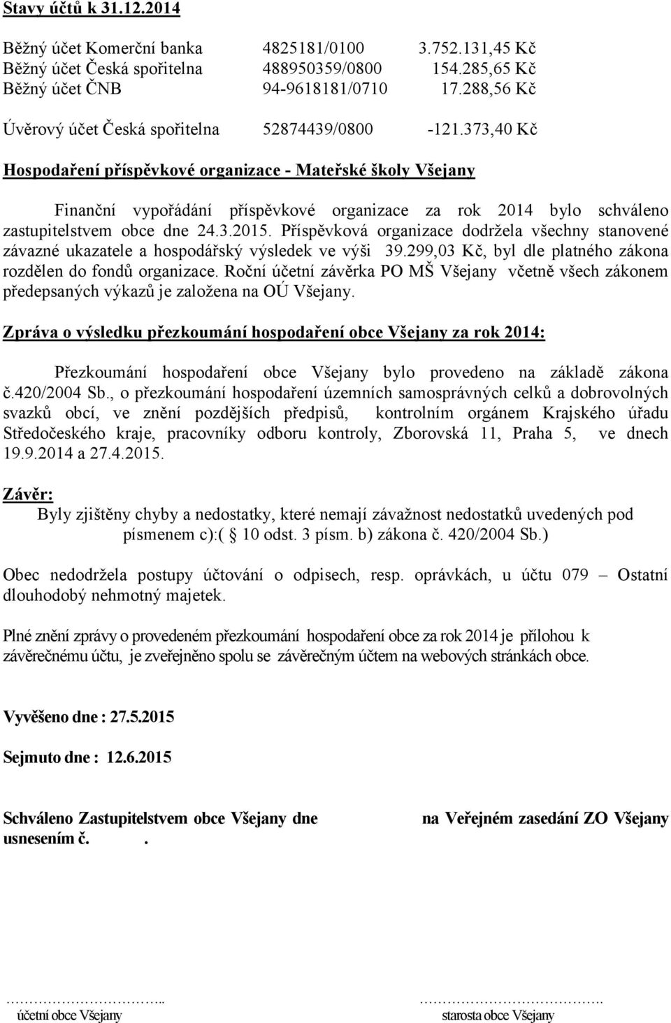 373,40 Kč Hospodaření příspěvkové organizace - Mateřské školy Všejany Finanční vypořádání příspěvkové organizace za rok 2014 bylo schváleno zastupitelstvem obce dne 24.3.2015.