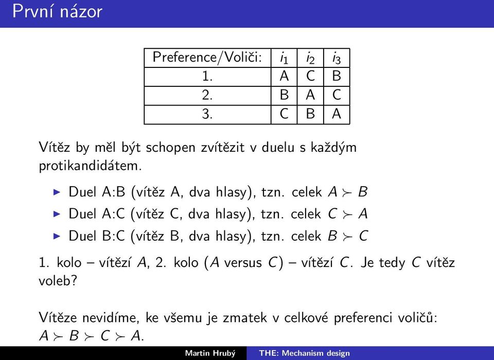 Duel A:B (vítěz A, dva hlasy), tzn. celek A B Duel A:C (vítěz C, dva hlasy), tzn.