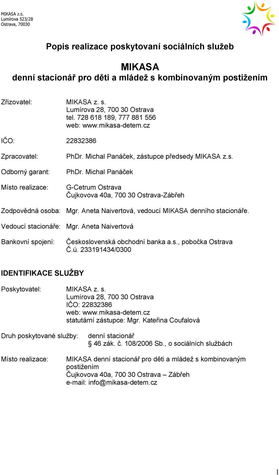 Michal Panáček, zástupce předsedy MIKASA z.s. PhDr. Michal Panáček G-Cetrum Ostrava Čujkovova 40a, 700 30 Ostrava-Zábřeh Zodpovědná osoba: Mgr. Aneta Naivertová, vedoucí MIKASA denního stacionáře.