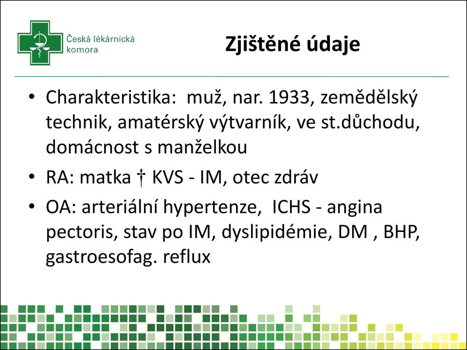 důchodu, domácnost s manželkou RA: matka KVS - IM, otec zdráv OA: