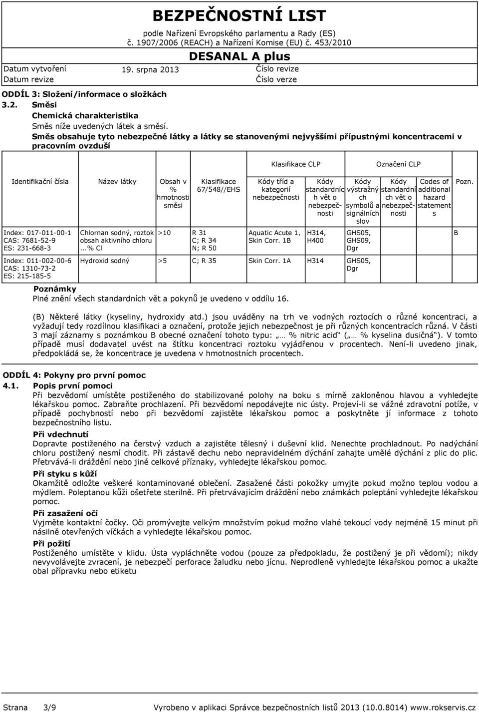 ES: 231-668-3 Index: 011-002-00-6 CAS: 1310-73-2 ES: 215-185-5 Název látky Chlornan sodný, roztok obsah aktivního chloru.