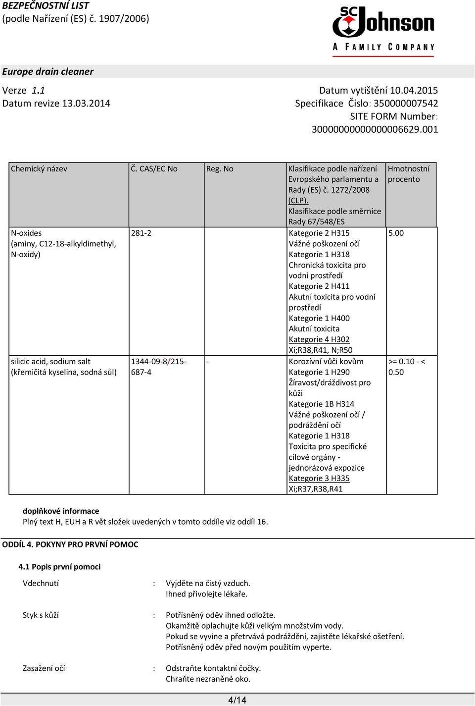 toxicita pro vodní prostředí Kategorie 2 H411 Akutní toxicita pro vodní prostředí Kategorie 1 H400 Akutní toxicita Kategorie 4 H302 Xi;R38,R41, N;R50 1344-09-8/215-687-4 doplňkové informace Plný text