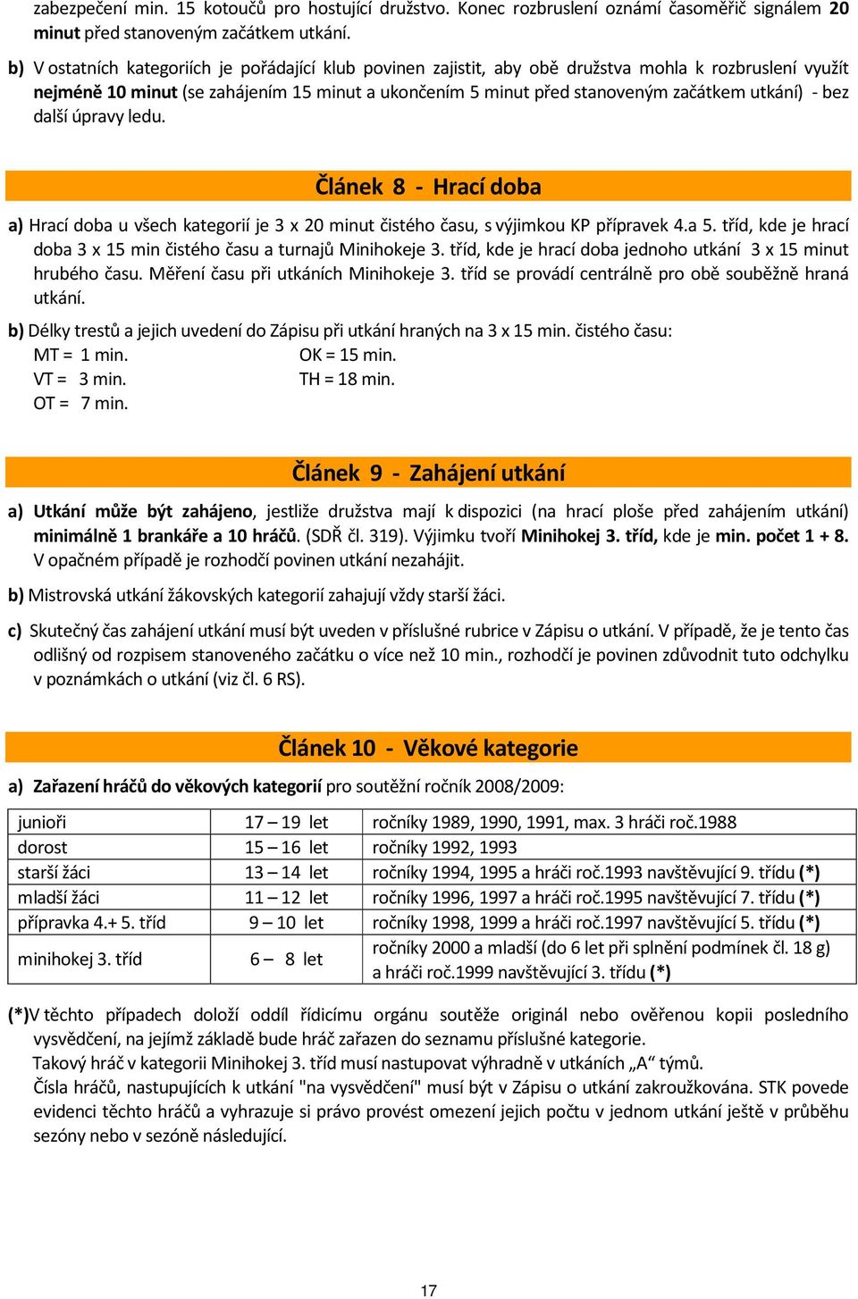 utkání) - bez další úpravy ledu. Článek 8 - Hrací doba a) Hrací doba u všech kategorií je 3 x 20 minut čistého času, s výjimkou KP přípravek 4.a 5.
