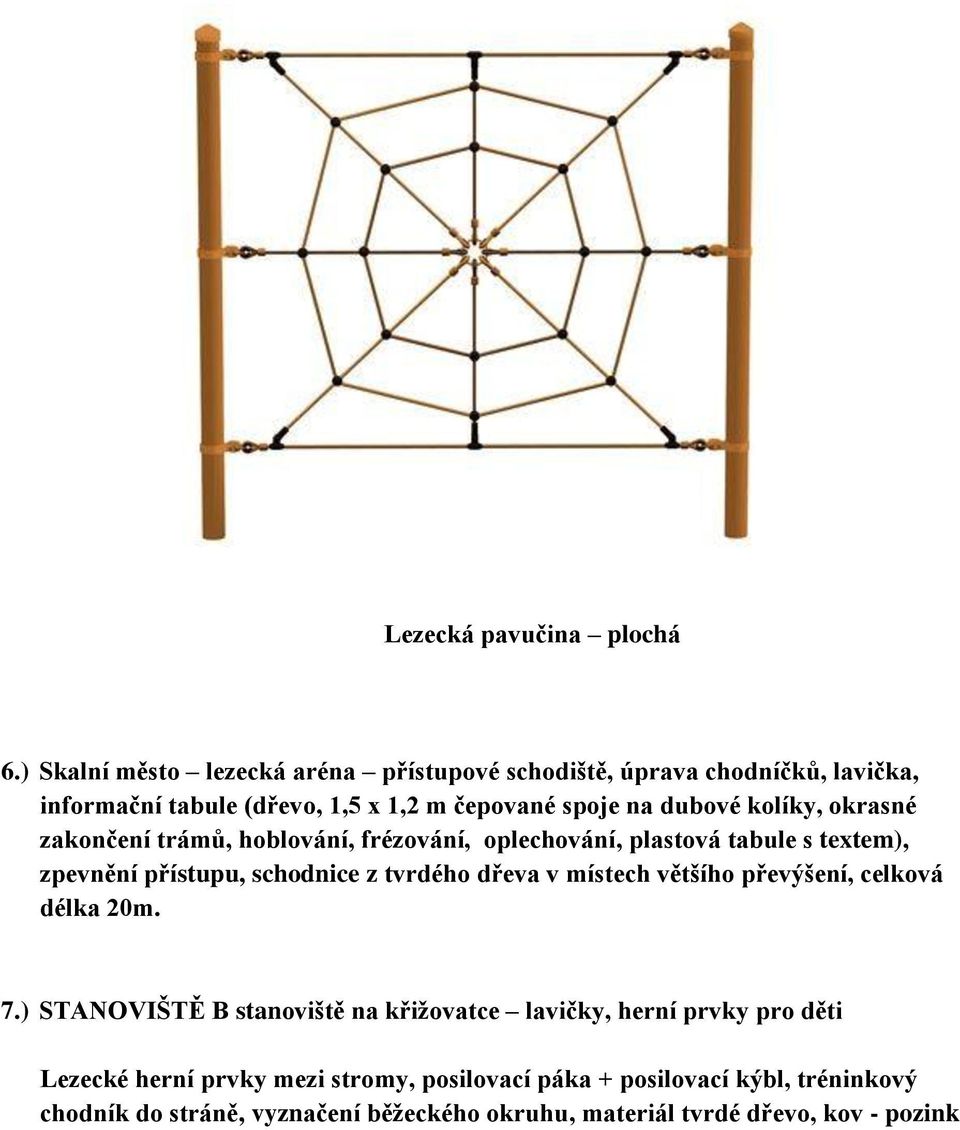 kolíky, okrasné zakončení trámů, hoblování, frézování, oplechování, plastová tabule s textem), zpevnění přístupu, schodnice z tvrdého dřeva v