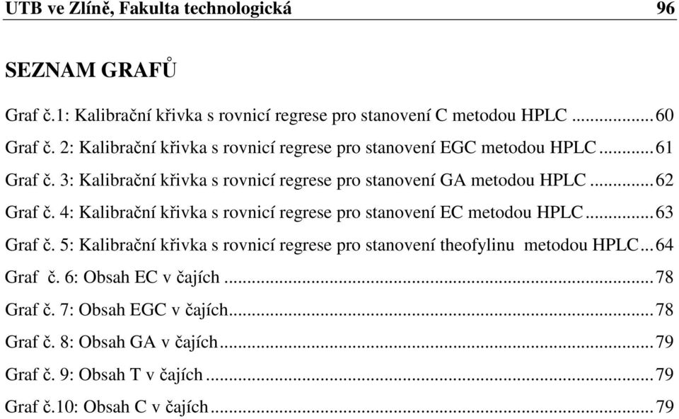 ..62 Graf č. 4: Kalibrační křivka s rovnicí regrese pro stanovení EC metodou HPLC...63 Graf č.