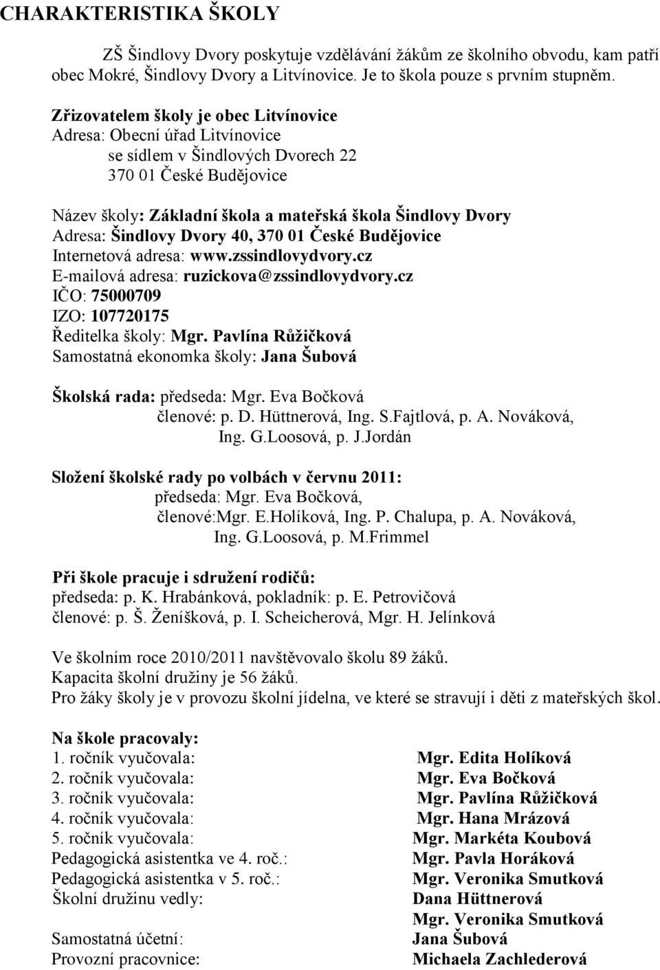 Šindlovy Dvory 40, 370 01 České Budějovice Internetová adresa: www.zssindlovydvory.cz E-mailová adresa: ruzickova@zssindlovydvory.cz IČO: 75000709 IZO: 107720175 Ředitelka školy: Mgr.