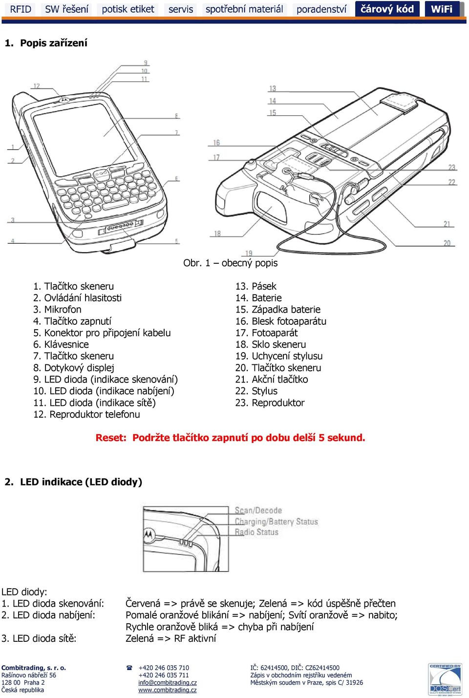 Blesk fotoaparátu 17. Fotoaparát 18. Sklo skeneru 19. Uchycení stylusu 20. Tlačítko skeneru 21. Akční tlačítko 22. Stylus 23. Reproduktor Reset: Podržte tlačítko zapnutí po dobu delší 5 sekund. 2. LED indikace (LED diody) LED diody: 1.