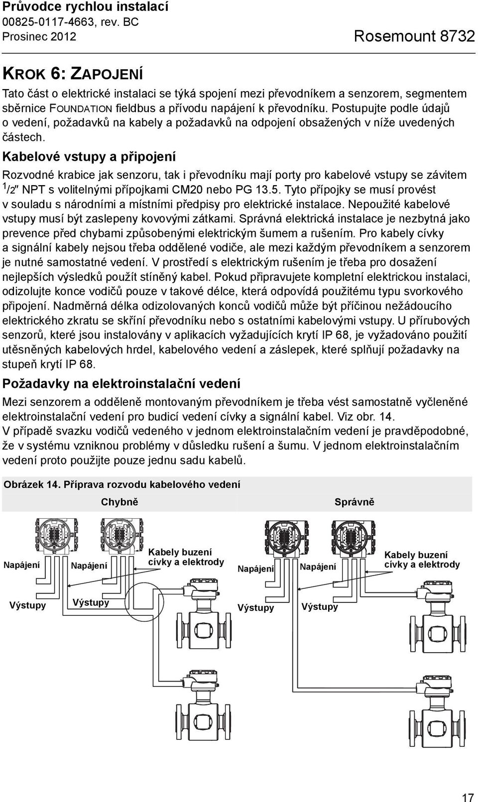 Kabelové vstupy a připojení Rozvodné krabice jak senzoru, tak i převodníku mají porty pro kabelové vstupy se závitem 1 /2 NPT s volitelnými přípojkami CM20 nebo PG 13.5.
