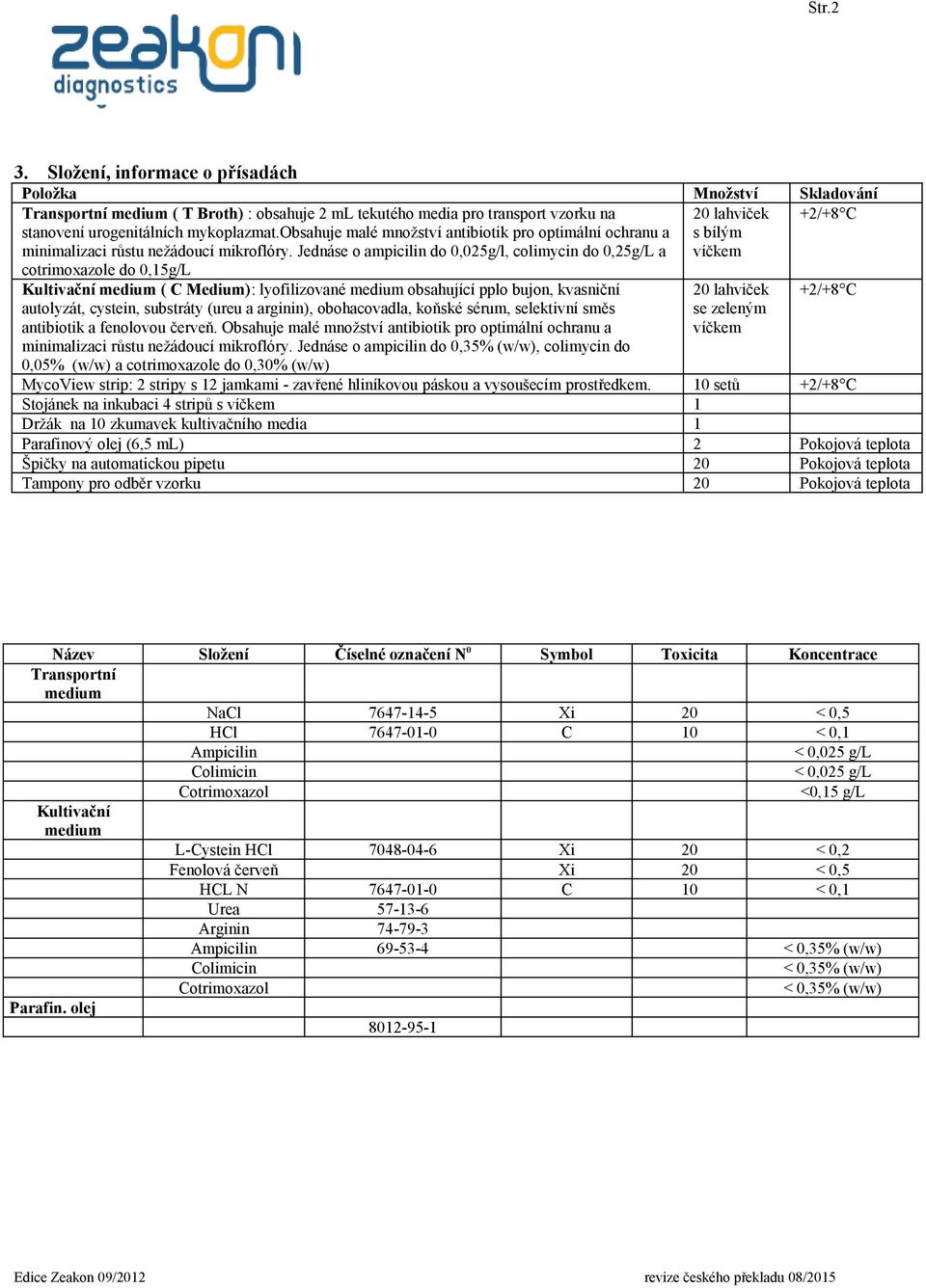 Jednáse o ampicilin do 0,025g/l, colimycin do 0,25g/L a cotrimoxazole do 0,15g/L 20 lahviček s bílým víčkem +2/+8 C Kultivační medium ( C Medium): lyofilizované medium obsahující pplo bujon,