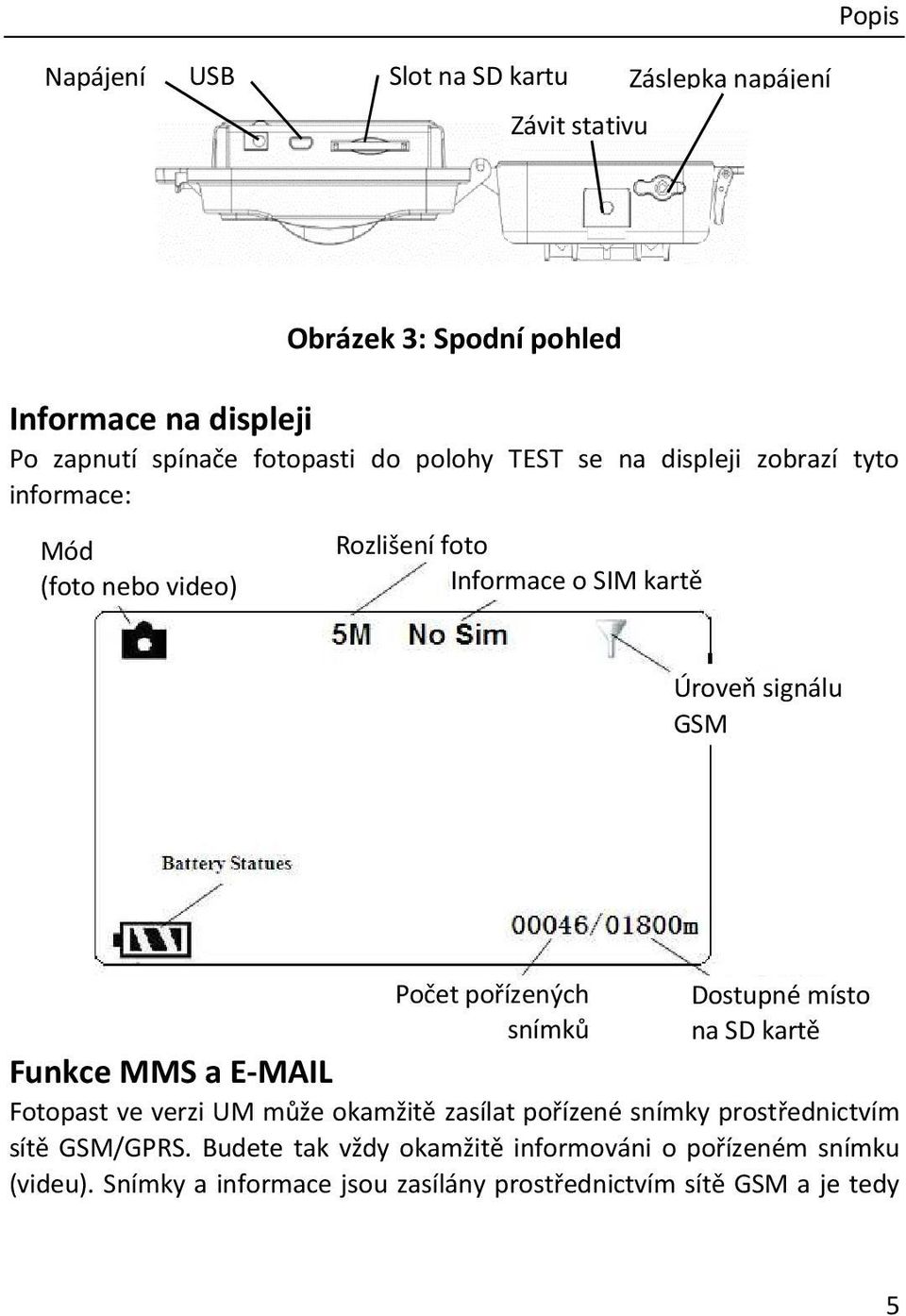 Počet pořízených snímků Dostupné místo na SD kartě Funkce MMS a E-MAIL Fotopast ve verzi UM může okamžitě zasílat pořízené snímky