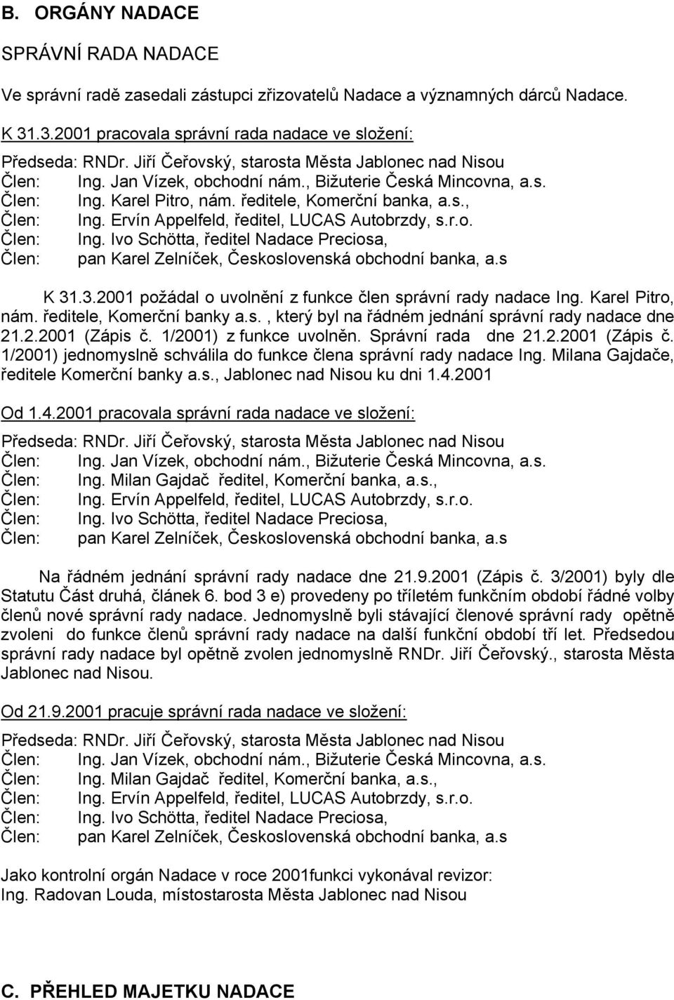 Ervín Appelfeld, ředitel, LUCAS Autobrzdy, s.r.o. Člen: Ing. Ivo Schötta, ředitel Nadace Preciosa, Člen: pan Karel Zelníček, Československá obchodní banka, a.s K 31