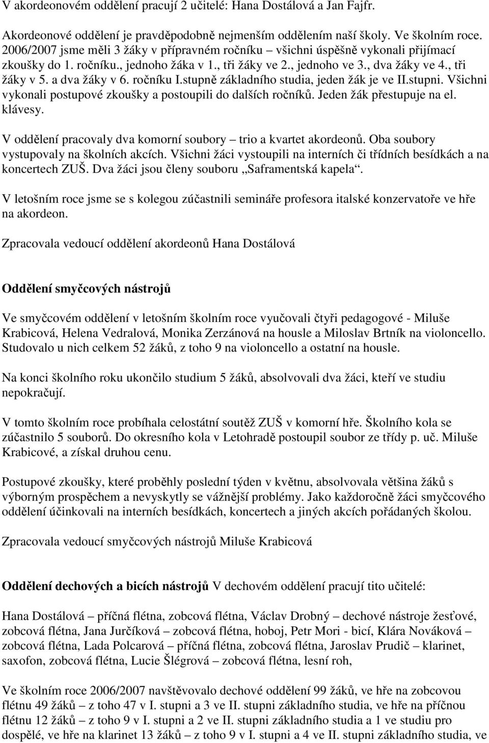 a dva žáky v 6. ročníku I.stupně základního studia, jeden žák je ve II.stupni. Všichni vykonali postupové zkoušky a postoupili do dalších ročníků. Jeden žák přestupuje na el. klávesy.