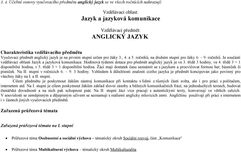 Hodinová týdenní dotace pro předmět anglický jazyk je ve 3. třídě 3 hodiny, ve 4. třídě 3 + 1 disponibilní hodina,