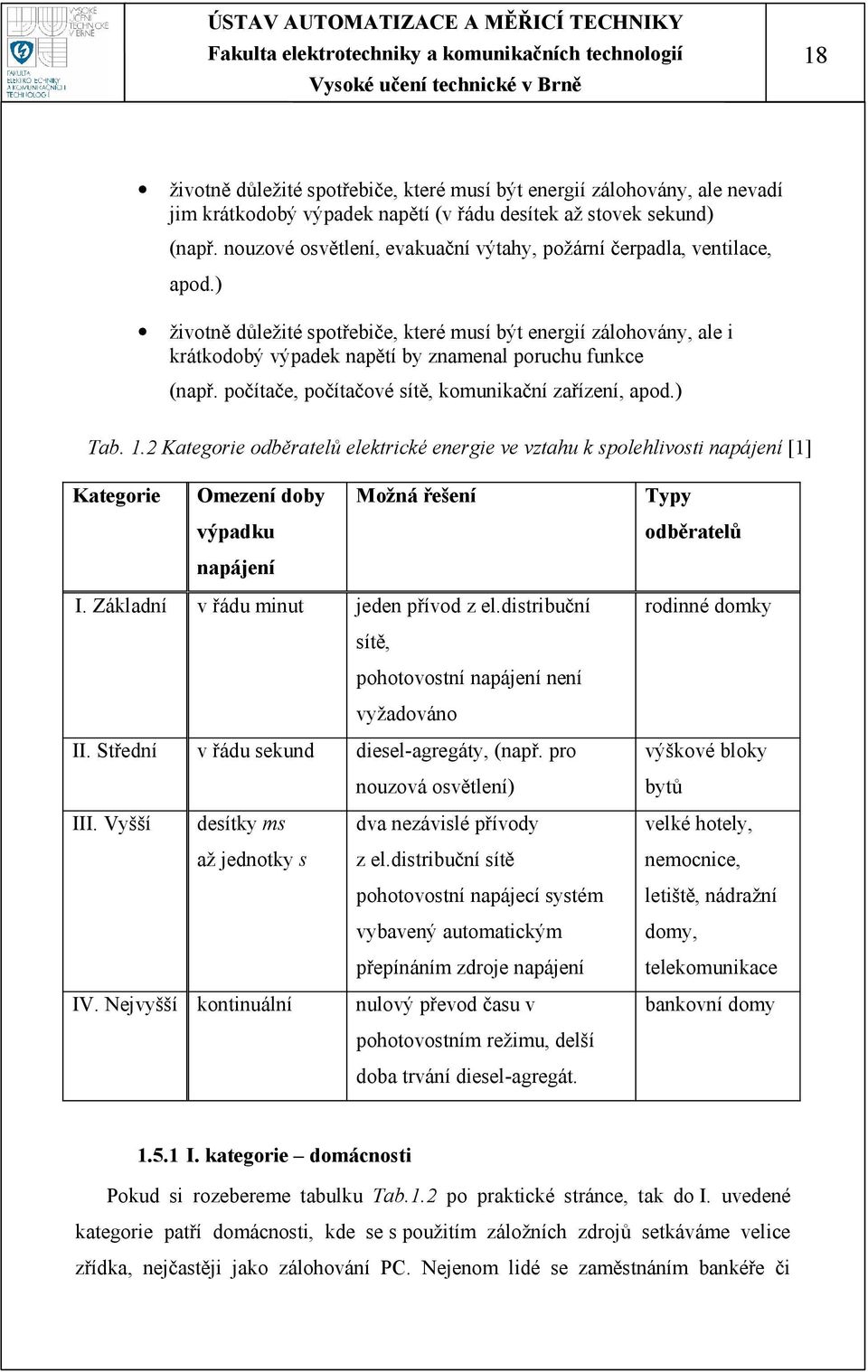 ) životně důležité spotřebiče, které musí být energií zálohovány, ale i krátkodobý výpadek napětí by znamenal poruchu funkce (např. počítače, počítačové sítě, komunikační zařízení, apod.) Tab. 1.