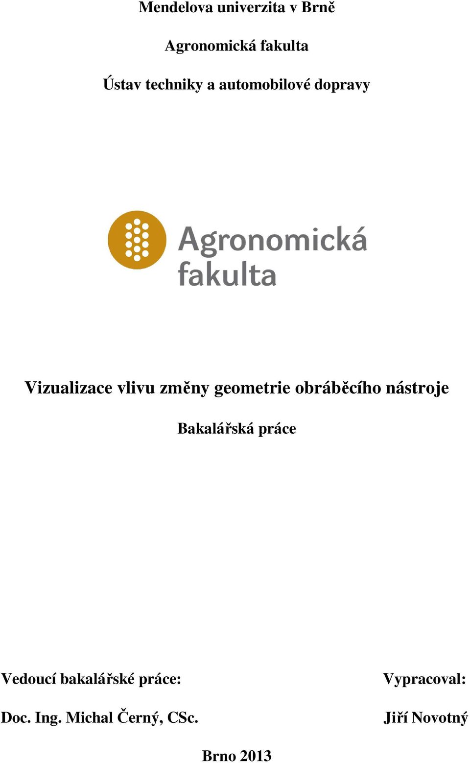 geometrie obráběcího nástroje Bakalářská práce Vedoucí