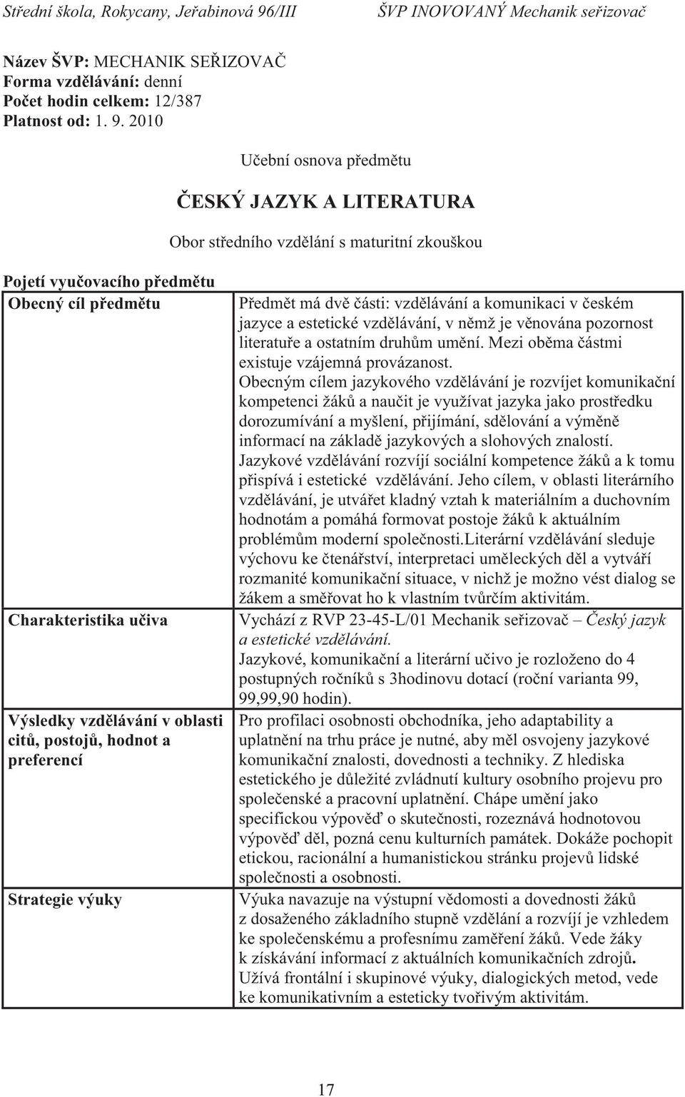 citů, postojů, hodnot a preferencí Strategie výuky Předmět má dvě části: vzdělávání a komunikaci v českém jazyce a estetické vzdělávání, v němž je věnována pozornost literatuře a ostatním druhům