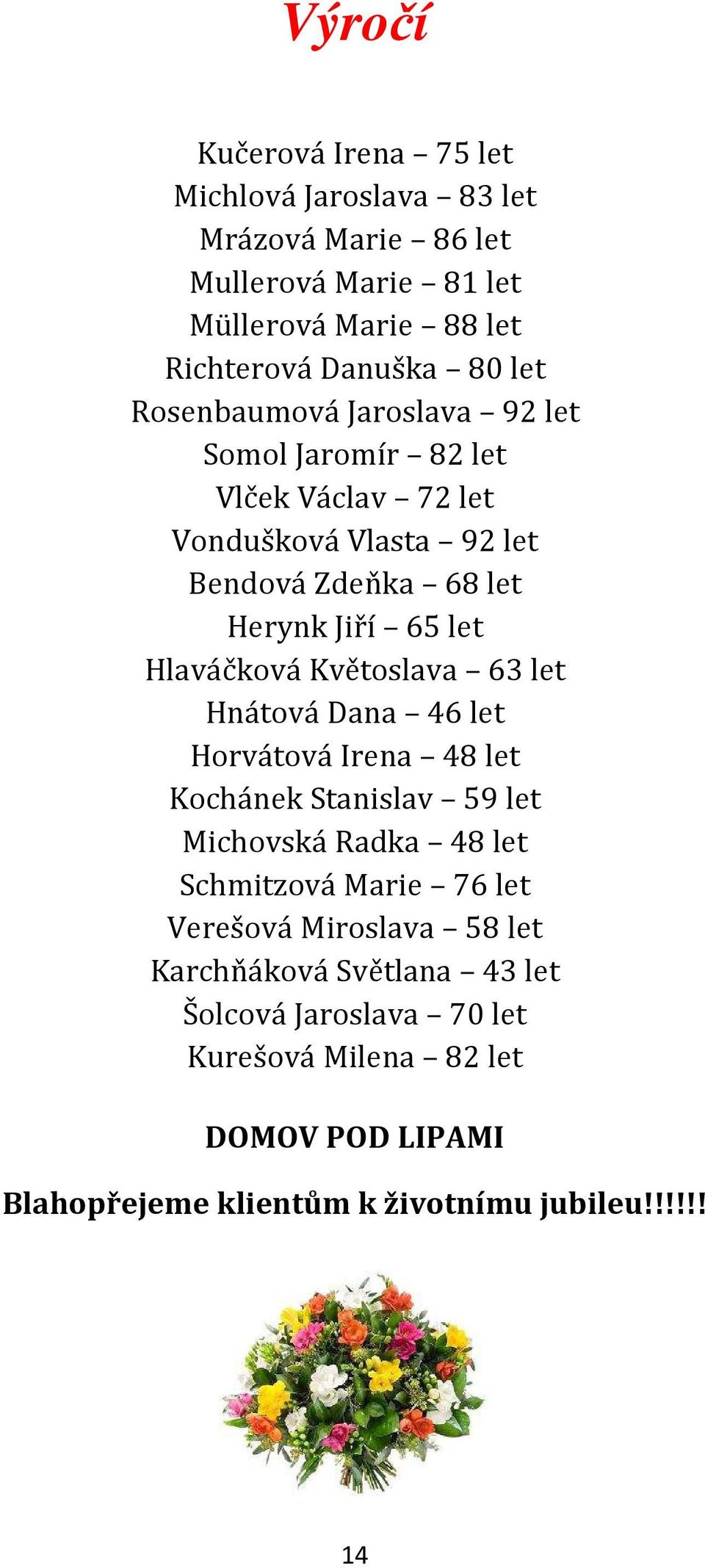 Květoslava 63 let Hnátová Dana 46 let Horvátová Irena 48 let Kochánek Stanislav 59 let Michovská Radka 48 let Schmitzová Marie 76 let Verešová