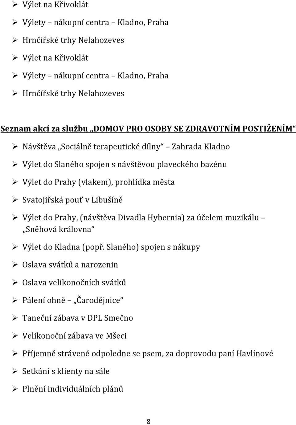 v Libušíně Výlet do Prahy, (návštěva Divadla Hybernia) za účelem muzikálu Sněhová královna Výlet do Kladna (popř.