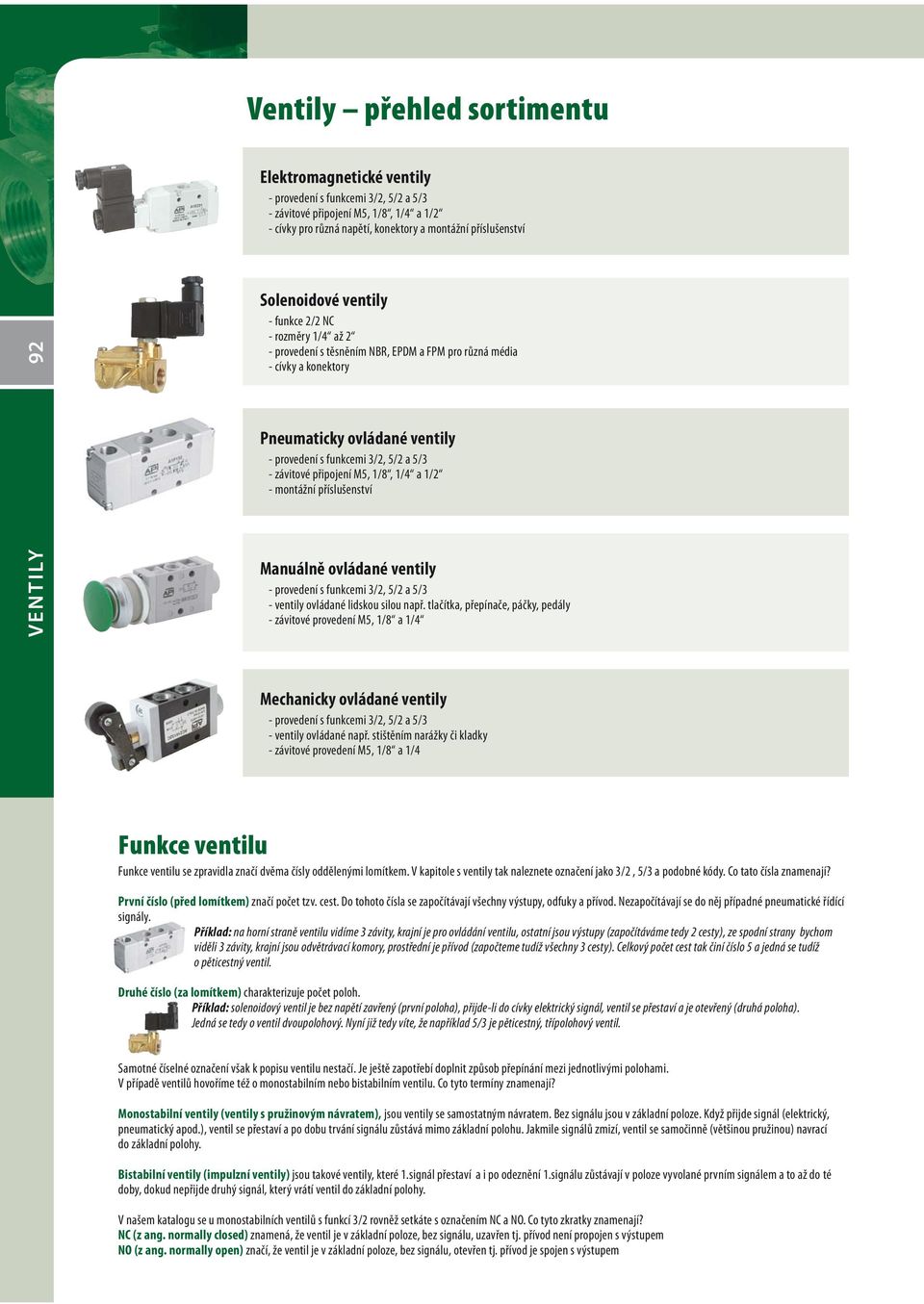 závitové připojení M5, 1/8, 1/4 a 1/2 - montážní příslušenství VENTILY Manuálně ovládané ventily - provedení s funkcemi 3/2, 5/2 a 5/3 - ventily ovládané lidskou silou např.