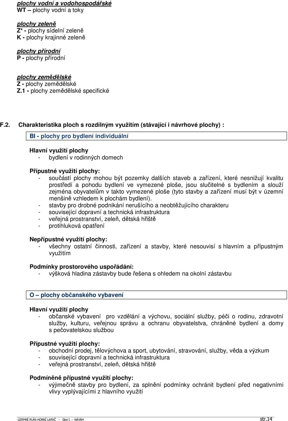 Charakteristika ploch s rozdílným (stávající i návrhové plochy) : BI - plochy pro bydlení individuální Hlavní využití plochy - bydlení v rodinných domech Přípustné využití plochy: - součástí plochy
