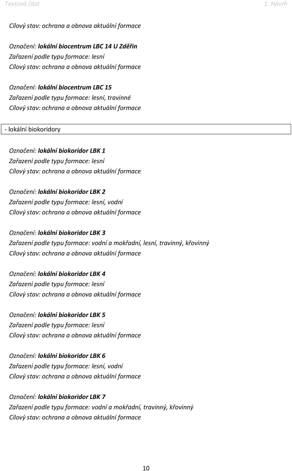 Zařazení podle typu formace: vodní a mokřadní, lesní, travinný, křovinný Označení: lokální biokoridor LBK 4 Zařazení podle typu formace: lesní Označení: lokální biokoridor LBK 5 Zařazení