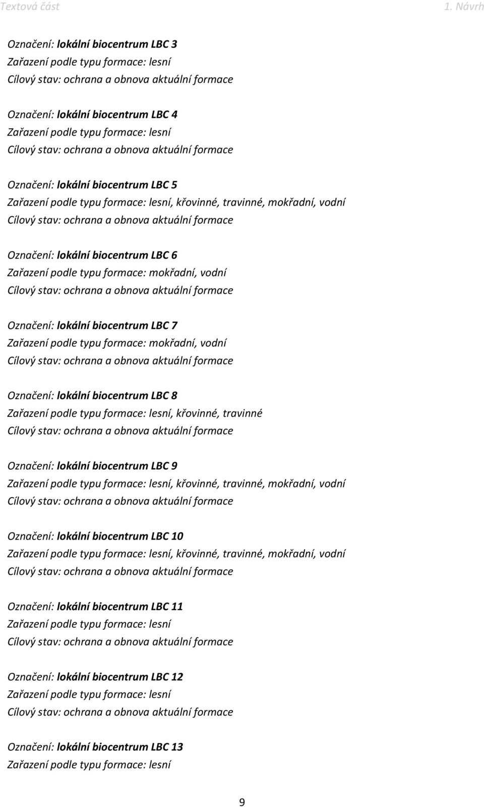 mokřadní, vodní Označení: lokální biocentrum LBC 8 Zařazení podle typu formace: lesní, křovinné, travinné Označení: lokální biocentrum LBC 9 Zařazení podle typu formace: lesní, křovinné, travinné,
