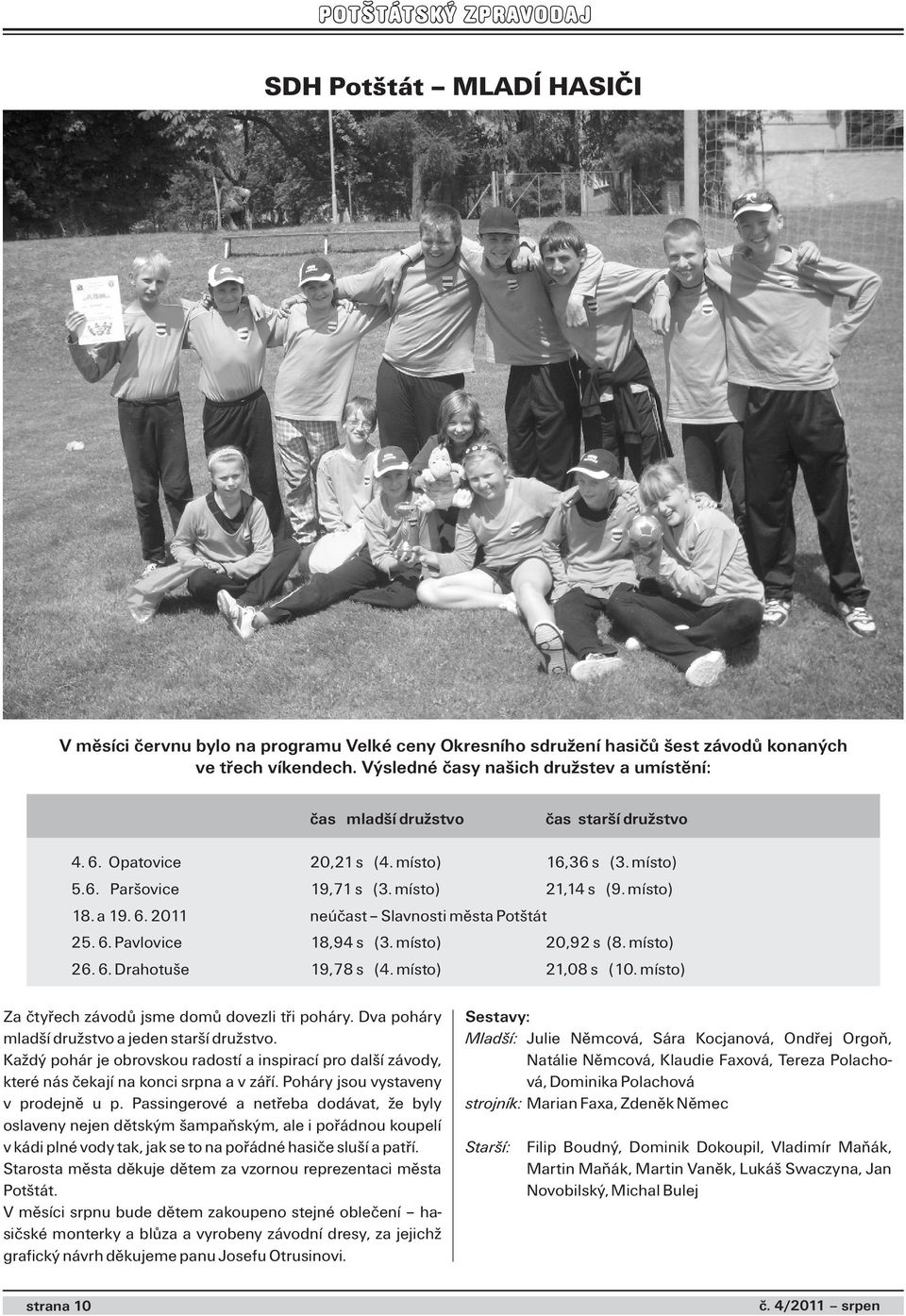 6. 2011 neúčast Slavnosti města Potštát 25. 6. Pavlovice 18,94 s (3. místo) 20,92 s (8. místo) 26. 6. Drahotuše 19,78 s (4. místo) 21,08 s (10. místo) Za čtyřech závodů jsme domů dovezli tři poháry.