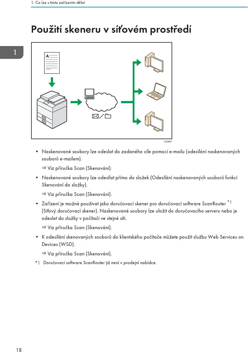 Zařízení je možné používat jako doručovací skener pro doručovací software ScanRouter *1 (Síťový doručovací skener).