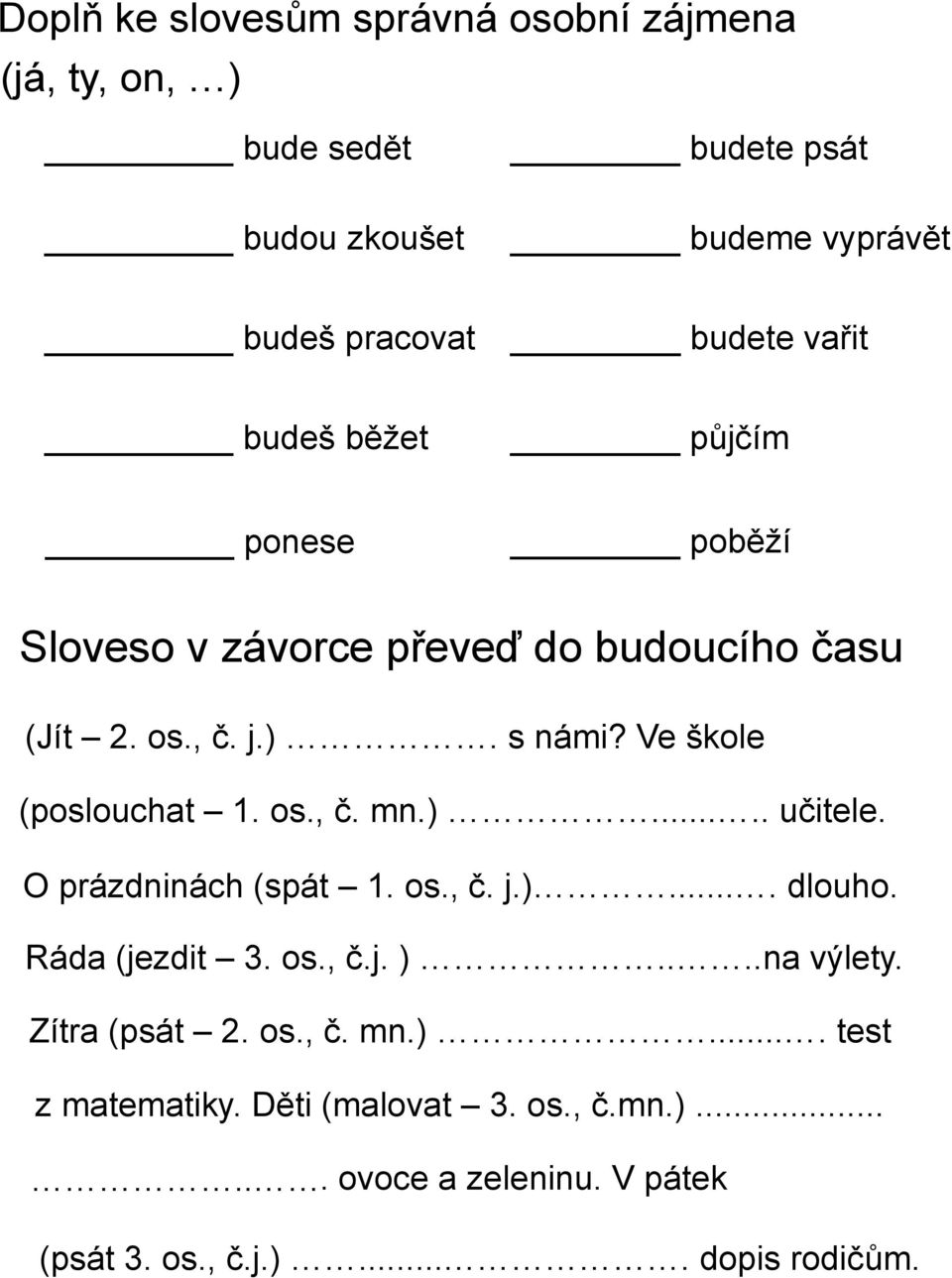 Ve škole (poslouchat 1. os., č. mn.)..... učitele. O prázdninách (spát 1. os., č. j.).... dlouho. Ráda (jezdit 3. os., č.j. ).