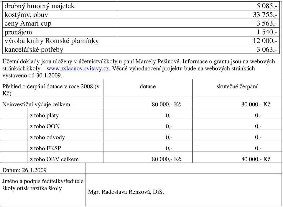 Věcné vyhodnocení projektu bude na webových stránkách vystaveno od 30.1.2009.