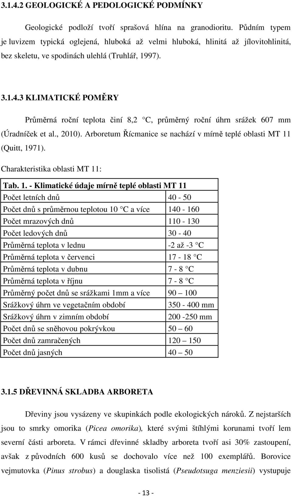 3 KLIMATICKÉ POMĚRY Průměrná roční teplota činí 8,2 C, průměrný roční úhrn srážek 607 mm (Úradníček et al., 2010). Arboretum Řícmanice se nachází v mírně teplé oblasti MT 11 (Quitt, 1971).