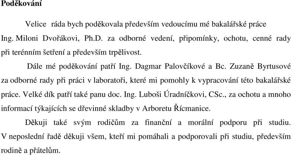 Zuzaně Byrtusové za odborné rady při práci v laboratoři, které mi pomohly k vypracování této bakalářské práce. Velké dík patří také panu doc. Ing. Luboši Úradníčkovi, CSc.