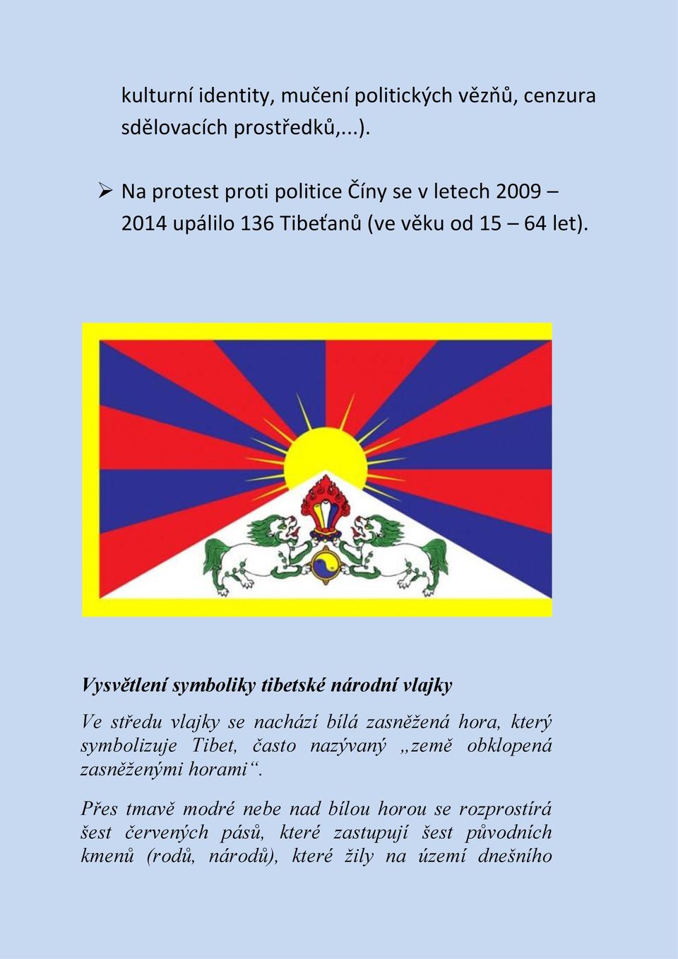 Vysvětlení symboliky tibetské národní vlajky Ve středu vlajky se nachází bílá zasněžená hora, který symbolizuje Tibet, často