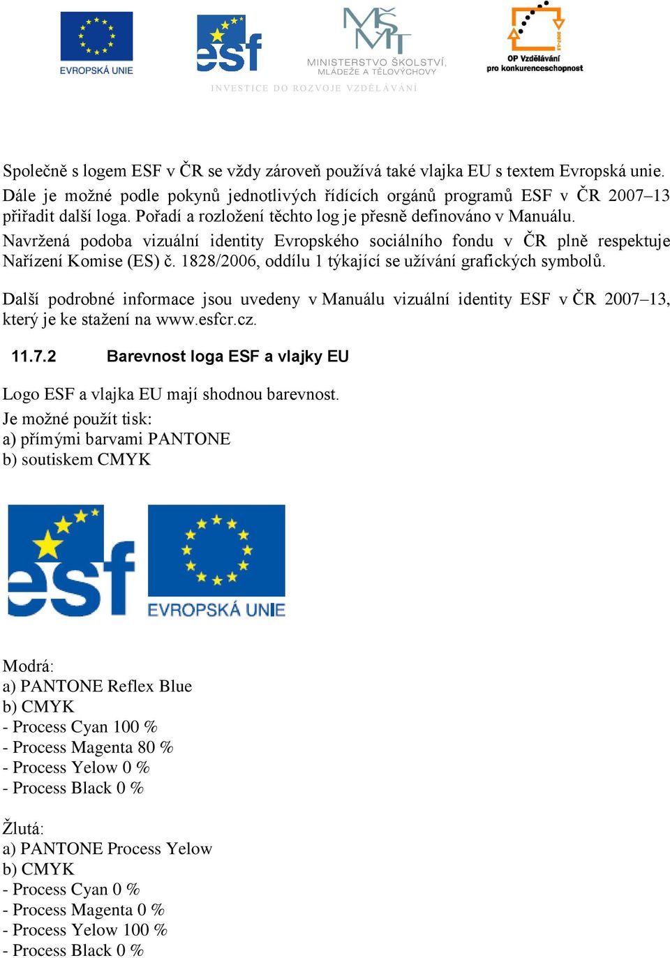 1828/2006, oddílu 1 týkající se uţívání grafických symbolů. Další podrobné informace jsou uvedeny v Manuálu vizuální identity ESF v ČR 2007 