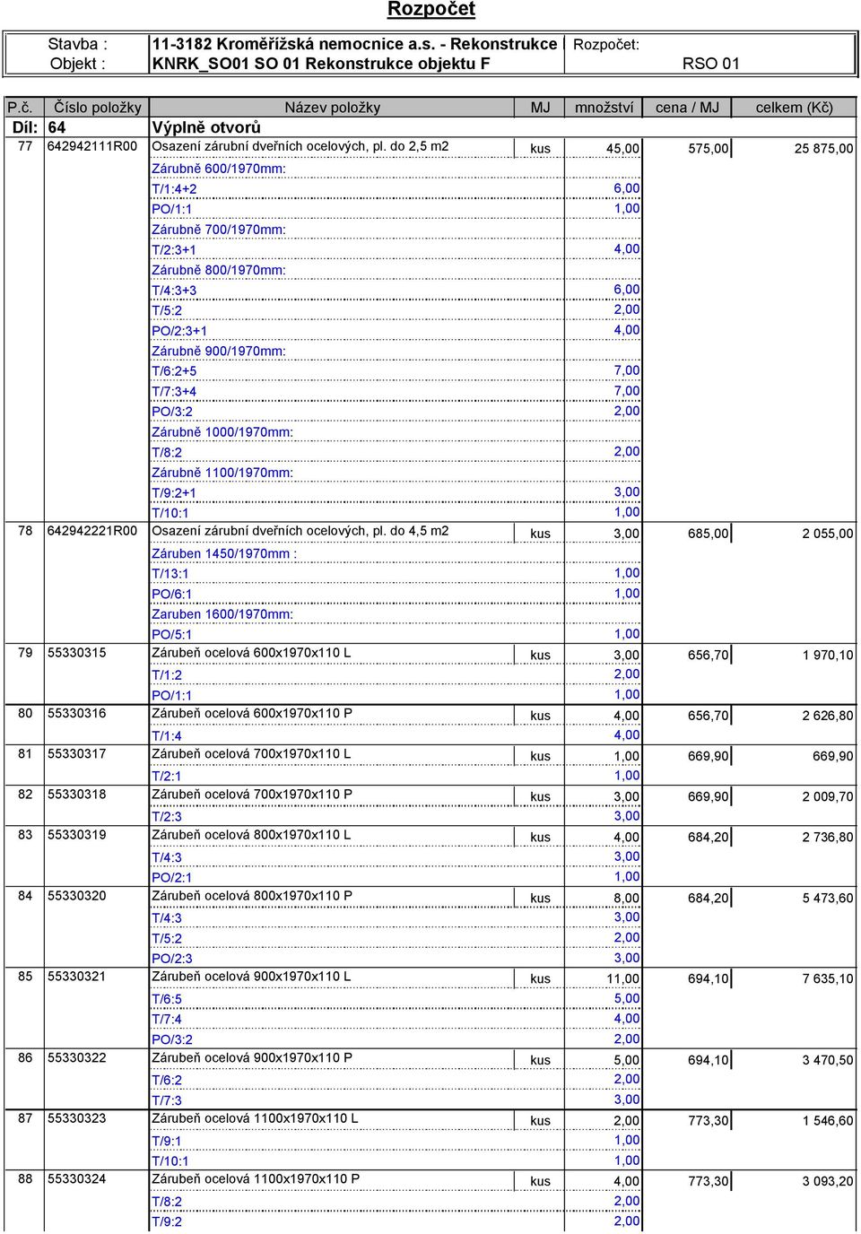T/6:2+5 7,00 T/7:3+4 7,00 PO/3:2 2,00 Zárubně 1000/1970mm: T/8:2 2,00 Zárubně 1100/1970mm: T/9:2+1 3,00 T/10:1 1,00 78 642942221R00 Osazení zárubní dveřních ocelových, pl.