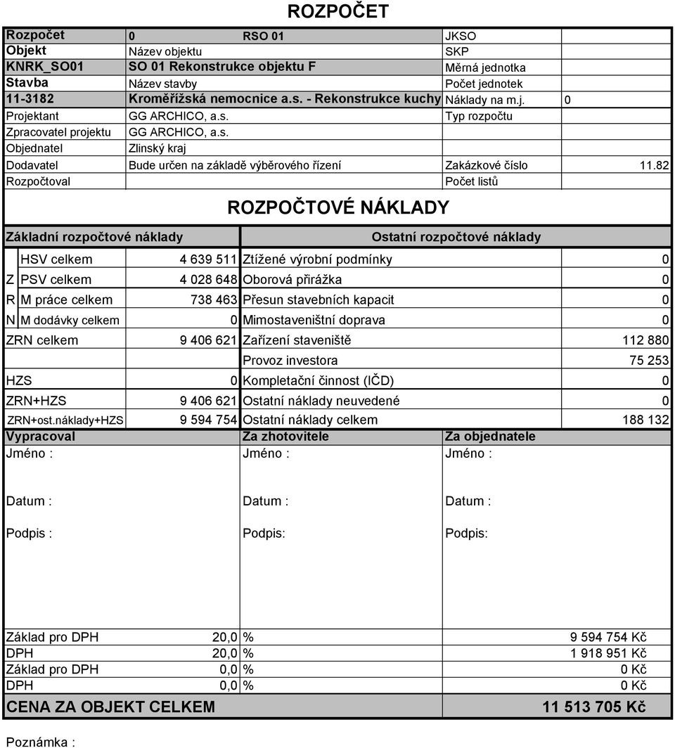 82 Rozpočtoval Počet listů Základní rozpočtové náklady ROZPOČET ROZPOČTOVÉ NÁKLADY Ostatní rozpočtové náklady HSV celkem 4 639 511 Ztížené výrobní podmínky 0 Z PSV celkem 4 028 648 Oborová přirážka 0