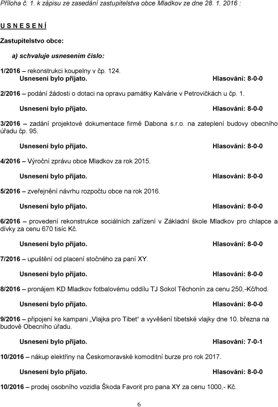 4/2016 Výroční zprávu obce Mladkov za rok 2015. 5/2016 zveřejnění návrhu rozpočtu obce na rok 2016.