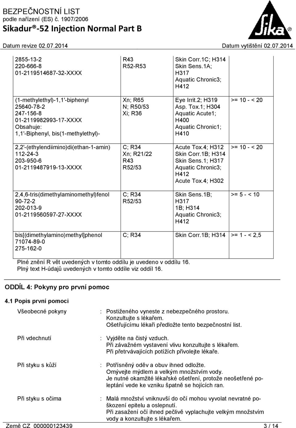 Tox.1; H304 Aquatic Acute1; H400 Aquatic Chronic1; H410 >= 10 - < 20 2,2'-(ethylendiimino)di(ethan-1-amin) 112-24-3 203-950-6 01-2119487919-13-XXXX C; R34 Xn; R21/22 R43 R52/53 Acute Tox.