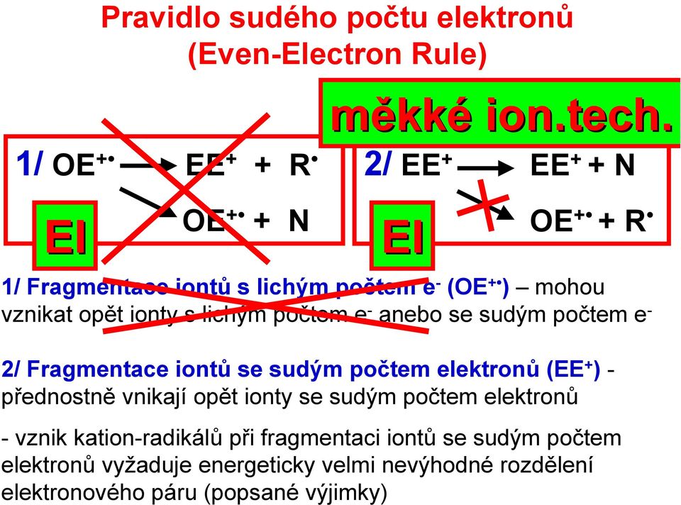 anebo se sudým počtem e - 2/ Fragmentace iontů se sudým počtem elektronů (EE + ) - přednostně vnikají opět ionty se sudým