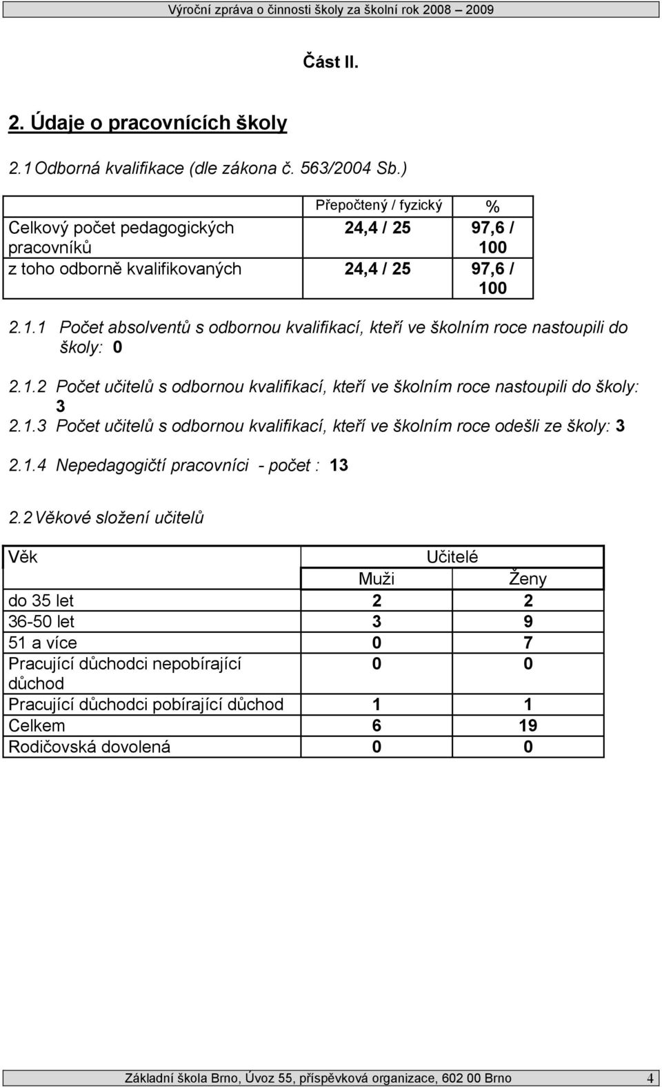 1.2 učitelů s odbornou kvalifikací, kteří ve školním roce nastoupili do školy: 3 2.1.3 učitelů s odbornou kvalifikací, kteří ve školním roce odešli ze školy: 3 2.1.4 Nepedagogičtí pracovníci - počet : 13 2.