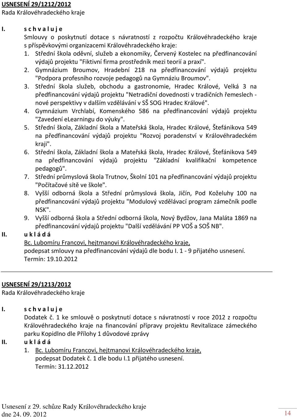 Gymnázium Broumov, Hradební 218 na předfinancování výdajů projektu "Podpora profesního rozvoje pedagogů na Gymnáziu Broumov". 3.