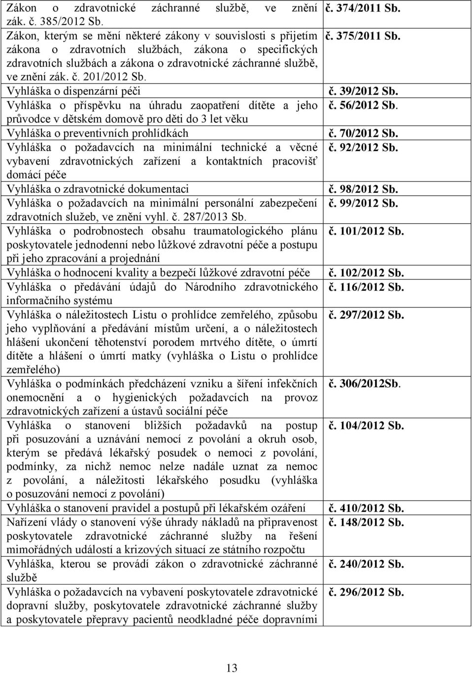 č. 201/2012 Vyhláška o dispenzární péči Vyhláška o příspěvku na úhradu zaopatření dítěte a jeho průvodce v dětském domově pro děti do 3 let věku Vyhláška o preventivních prohlídkách Vyhláška o