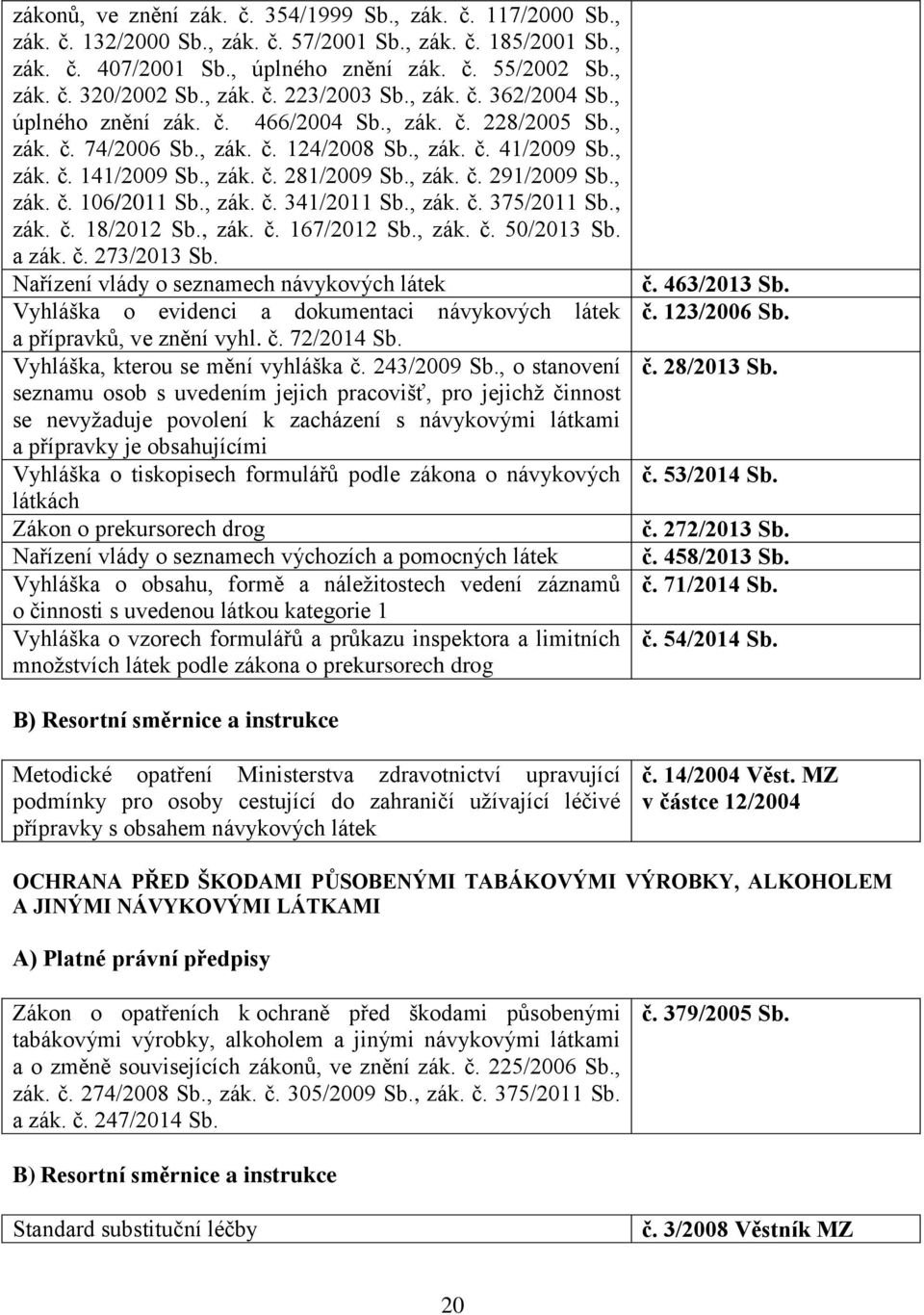 č. 167/2012, zák. č. 50/2013 a zák. č. 273/2013 Nařízení vlády o seznamech návykových látek Vyhláška o evidenci a dokumentaci návykových látek a přípravků, ve znění vyhl. č. 72/2014 Vyhláška, kterou se mění vyhláška č.