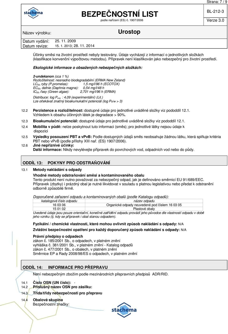 Ekologické informace o obsažených nebezpečných složkách: 2-undekanon (cca 1 %) Rozložitelnost: nesnadno biodegradabilní (ERMA New Zeland) LC 50, ryby (P.