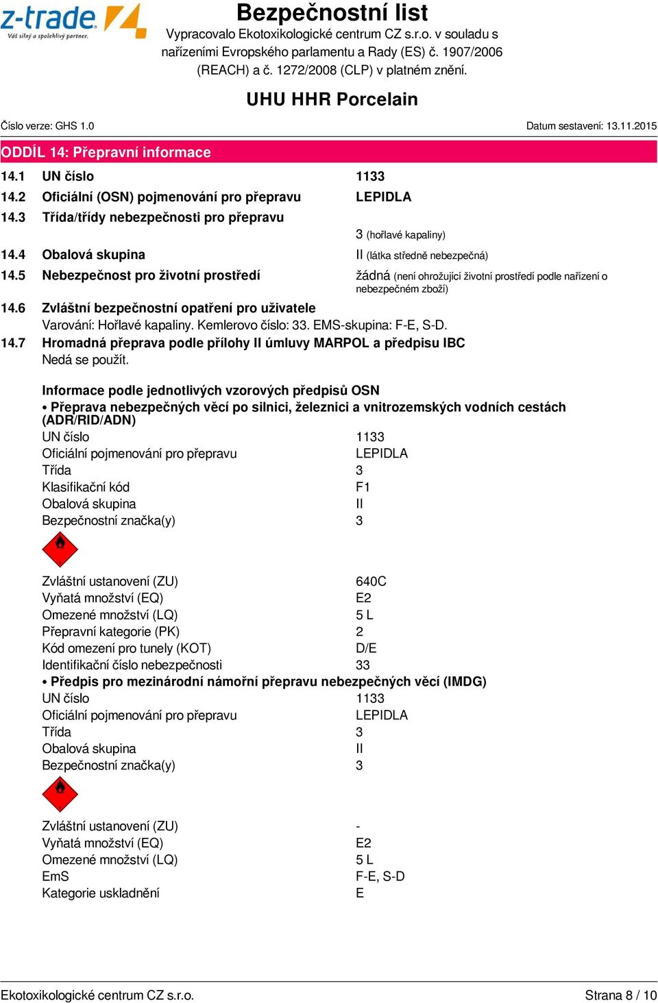 6 Zvláštní bezpečnostní opatření pro uživatele Varování: Hořlavé kapaliny. Kemlerovo číslo: 33. EMS-skupina: F-E, S-D. 14.